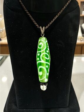 Vintage Italian Scrollwork Lampwork Glass Pendant Sterling Silver .925 Necklace